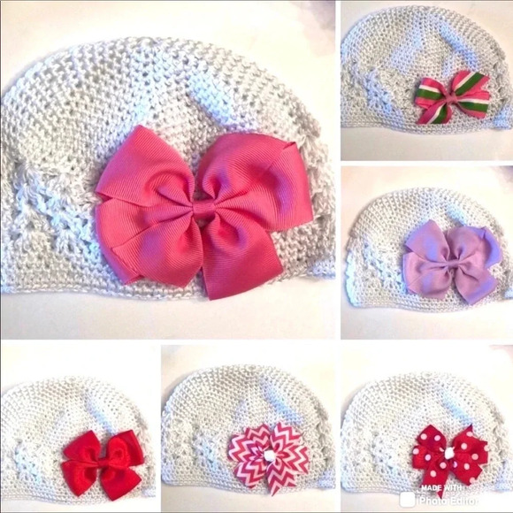 BOUTIQUE NEW BABY GIRLS 6 BOWS WHITE HAT PINK - Picture 1 of 10